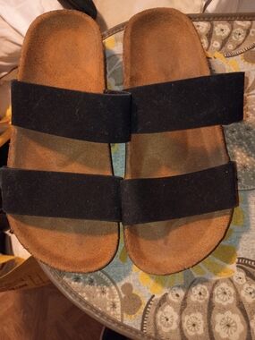 Black Double Strap Suede Slide Sandals